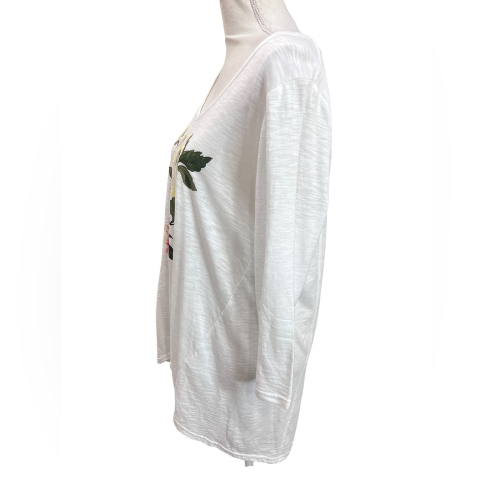 Chico’s Beaded Floral Appliqué Top Size M White Cotton Modal 3/4 Sleeve Boho Tee - Picture 3 of 10
